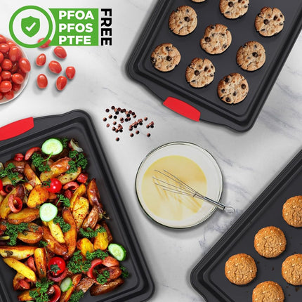 NutriChef Baking Tray Set 3 Piece Non Stick Baking Trays for Oven Carbon Steel Baking Sheets Small Medium Large Oven Trays with Silicone Handles Stackable Bakeware for Cookies Cakes Roasting