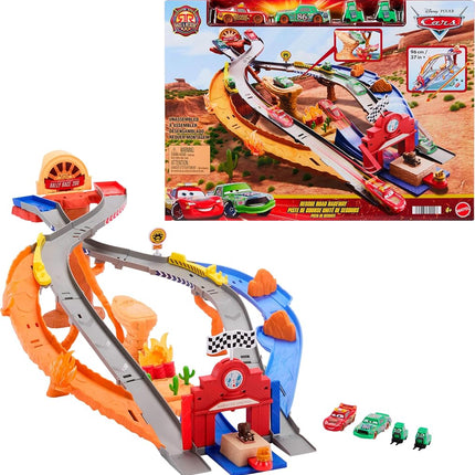 Mattel Disney and Pixar Cars Toy Playset, Lightning McQueen & Chicks Hicks & 2 Pitty Crew Vehicles, 2 Ways to Race, Race & Rescue Rescue Road Raceway, JFL57