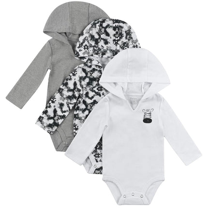 Hanes Baby and Toddler Ultimate Flexy Long Sleeve Bodysuit Hoodie (3 Pack), Black/Grey/White, 0-6 Months