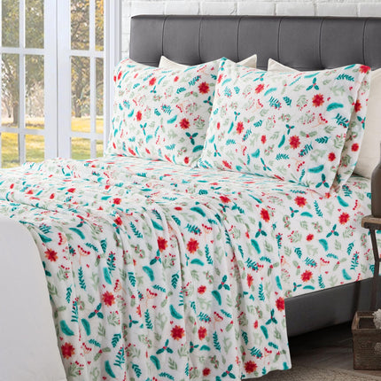 Elegant Comfort Luxuriously Soft 4-Piece Holiday Velvet Plush Flannel Sheet Set - Premium Quality - Cozy Warm, Christmas Fuzzy Velvet Flannel Fleece Deep Pocket Sheet Set - Twin XL, Winter Bloom