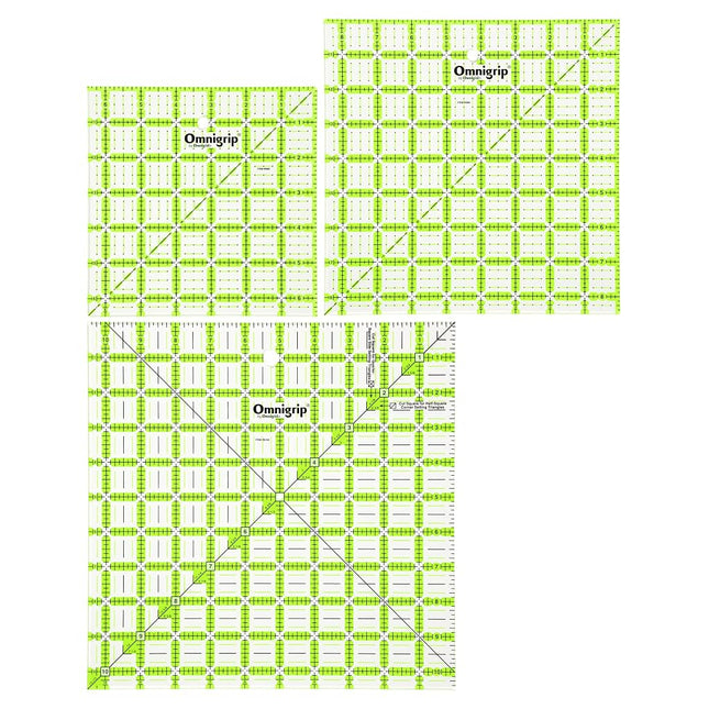 Dritz Omnigrip 6.5in 8.5in 10.5in Combo Pack Quilting Ruler, 6" by 6" Stitched in Yarn, Clear