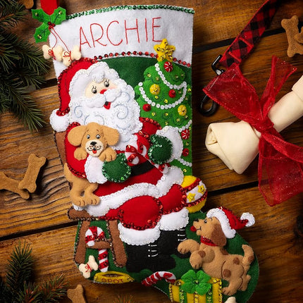 Bucilla Plaid, Jolly Pups Santa 18" Felt Applique Stocking Making Kit, Perfect for DIY Needlepoint Arts and Crafts, 89556E