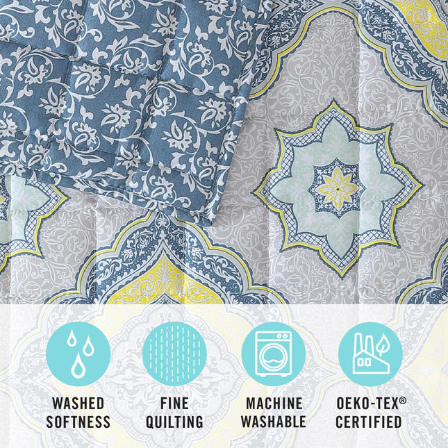 MARTHA STEWART Full Queen Size Quilt Bedding Set - 3 Piece, Soft Washed Microfiber, Printed Bedspread, Reversible, All Season, 1 Quilt, 2 Standard Pillow Shams, Blue & Gray, Jamie Medallion Print