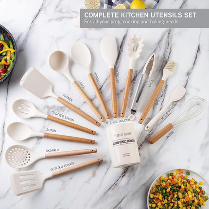 Country Kitchen 14 Piece Silicone and Wood Kitchen Utensil Set, Heat Resistant up to 450℉, Easy to Clean and Hand Washable