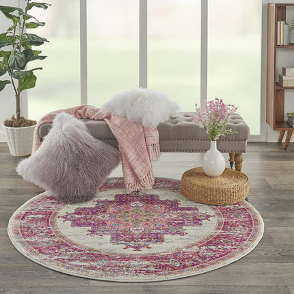 Tapis Nourison PSN03 Passion Vintage vieilli ivoire/fuchsia 120 cm rond