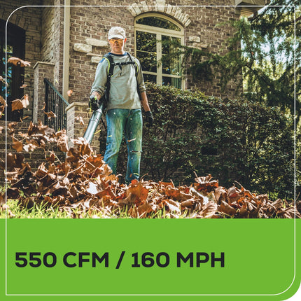 Soplador de mochila sin escobillas Greenworks 60V 550 CFM, batería de 5.0 Ah y cargador de 6A