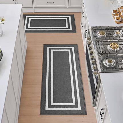 Nautica – Juego de 2 Alfombras Corredoras | Corredores de Interior para Pasillos y Entradas | Felpudo Antideslizante para Entrada y Cocina | Alfombras Lavables a Máquina | 66 x 114 cm y 66 x 152 cm | Doble Borde Gris Oscuro
