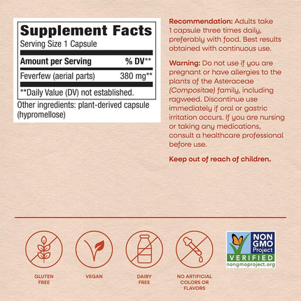 Nature's Way Feverfew 380 mg TRU-ID Certified Non-GMO Project Vegetarian; 100 Count