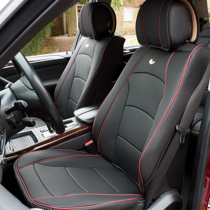 FH Group Automotive Seat Cushions Black Red Trim Universal Fit Ultra Comfort Leatherette Front Set fits most Cars, SUVs, and Trucks, Airbag Compatible PU205BLACKREDTRIM102
