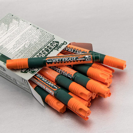Pentel Arts Wet Erase Chalk Marker, Ideal on Blackboards and Windows, Small Chisel Tip, Orange Ink, SMW26-F, Box of 12