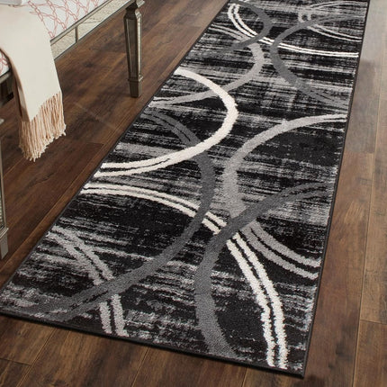 Rugshop Modern Wavy Circles Design Runner Rug, Fade-Resistant Carpet for Hallway, Entryway, or Kitchen, Black, 2' x 10'