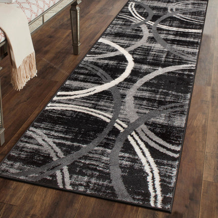 Rugshop Modern Wavy Circles Design Runner Rug, Fade-Resistant Carpet for Hallway, Entryway, or Kitchen, Black, 2' x 10'