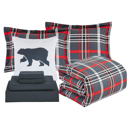 Elegant Comfort Silky Soft 8-Piece Plaid Lodge Bed-in-a-Bag Comforter Set, Includes 4pc Smart Sheet Set, Comforter, Decorative Pillow, Matching Pillowcases and Shams - Twin/Twin XL, Gray