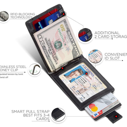 SERMAN Brands Portefeuilles Minimalistes Fins en Cuir Véritable pour Hommes avec Pince à Billets Blocage RFID - Noir - Petit