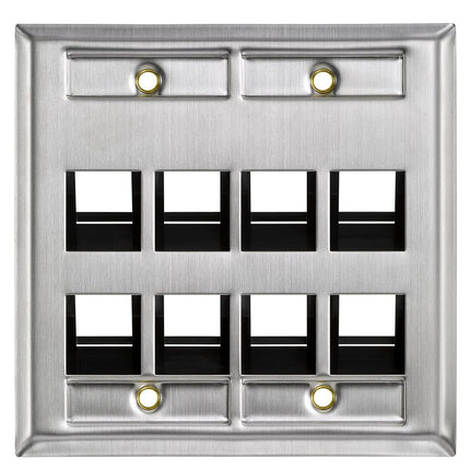 Leviton 43081-2L8 8-Port Angled Stainless Steel QuickPort Dual Gang Wallplate with ID Windows
