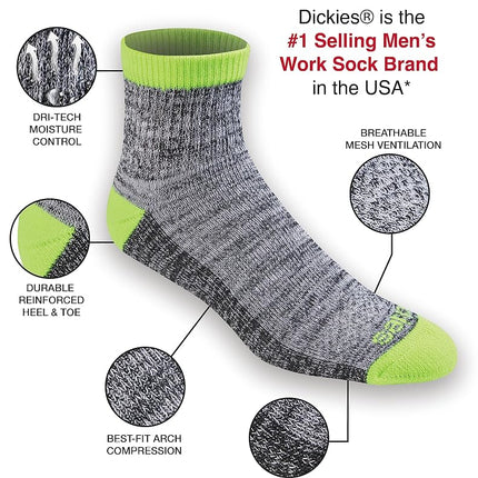 Dickies Men's Dri-tech Moisture Control Quarter Socks Multipack, Hi-Vis Yellow Black (6 Pairs), Shoe Size: 6-12