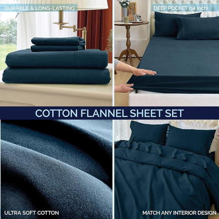 Elegant Comfort Soft 4-Piece 100% Turkish Cotton Flannel Sheet Set - Premium Quality, Deep Pocket Fitted Sheet, Ultra Soft, Cozy Warm and Anti-Pill Flannel Sheets - Queen, Navy