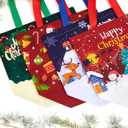 JOYIN 12 PCS Christmas Large Reusable Gift Bags 12.8"x9.8"x6.7, Xmas Large Non-Woven Grocery Bag with Handles for Wrapping Party Supplies, Holiday Party Favor