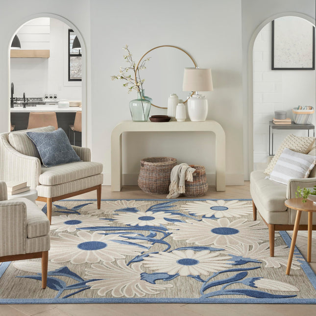 Nourison Aloha Indoor/Outdoor Blue/Grey 6' x 9' Area Rug, Easy Cleaning, Non Shedding, Bed Room, Living Room, Dining Room, Kitchen (6x9)