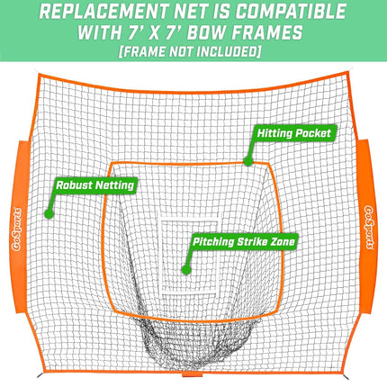 GoSports Team Tone Replacement 7 ft x 7 ft Baseball/Softball Net - Compatible with GoSports Brand 7 ft x 7 ft Baseball Net - Frame Not Included - Orange