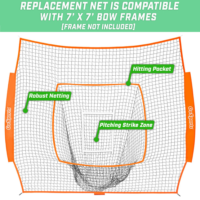GoSports Team Tone Replacement 7 ft x 7 ft Baseball/Softball Net - Compatible with GoSports Brand 7 ft x 7 ft Baseball Net - Frame Not Included - Orange