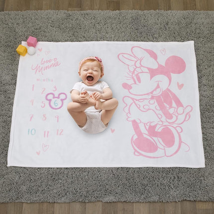 Disney Minnie Mouse White, Pink, and Aqua Super Soft Milestone Baby Blanket