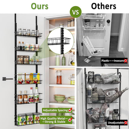 Churboro Over the Door Pantry Organizer Rack with 6 Adjustable Baskets, 6 Tiers Dual-use Spice Rack- Hanging or Wall Mount Spice Rack, Pantry Door Organizer, Black