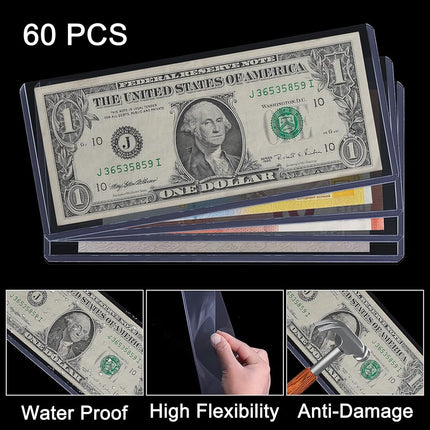 Uncle Paul 60 PCS Clear Paper Money Holder Currency Topload Holders, 6.8 x 2.9 Inch Transparent PVC Bill Protector, Banknotes Sleeves Currency Paper Money Protector Bag PN03L60