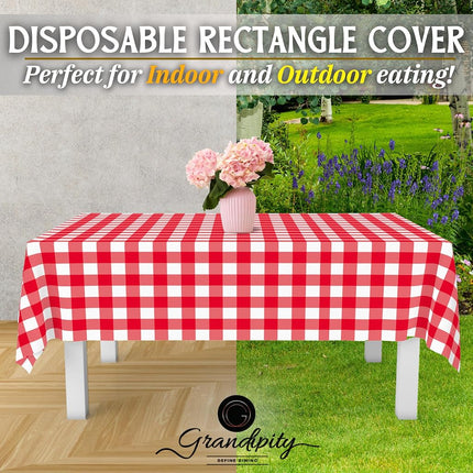 Red Gingham Checkered 12 Pack Premium Disposable Plastic Picnic Tablecloth 54 Inch. x 108 Inch. Rectangle Table Cover By Grandipity