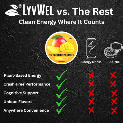 LyvWel 72mg Caffeine Energy Pouches – Wintergreen – Crisp Mint Energy with Guarana – 5-Pack (80 Total Pouches)