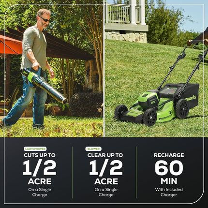 Greenworks 80V 21� Brushless (Self-Propelled) Cordless Electric Lawn Mower + (580 CFM) Axial Leaf Blower (75+ Compatible Tools), 4.0Ah Battery and 60 Minute Rapid Charger, Green and Black