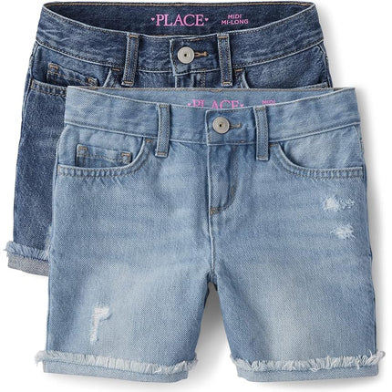 The Children's Place Girls Distressed 2 Pack Denim Midi Shorts, Destructed Peony Wash, 6