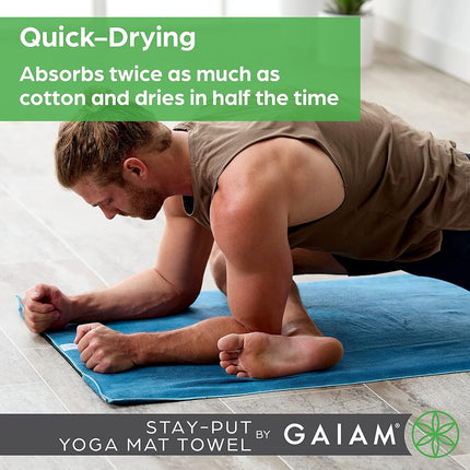 Gaiam 05-63735 Yoga Towel - Mat Sized Active Dry Non Slip Moisture Wicking Sweat Absorbent Microfiber Hot Yoga Towel for Women & Men | Stay-Put Corner Pockets (70" Long x 26" Wide), Grey