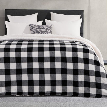 Elegant Comfort Ultra Soft Reversible Buffalo Plaid Flannel Sherpa Blanket - Cozy Silky Checkered Fleece Throw for Couch, Bed - Plush Fuzzy Warm Winter Blanket for Gift, Twin XL, Black
