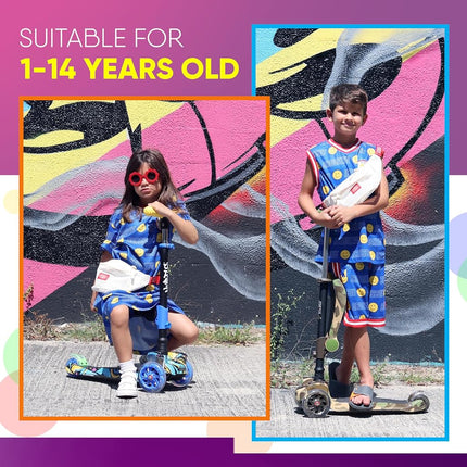 Hurtle 3-Wheeled Scooter for Kids - Wheel LED Lights, Adjustable Lean-to-Steer Handlebar, and Foldable Seat - Sit or Stand Ride with Brake for Boys and Girls Ages 1-14 Years Old