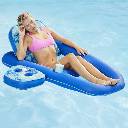 Aqua Campania Ultimate 2-in-1 Pool Float Lounge – Extra Large – Inflatable Pool Floats for Adults with Adjustable Backrest & Cupholder Caddy – Teal Hibiscus