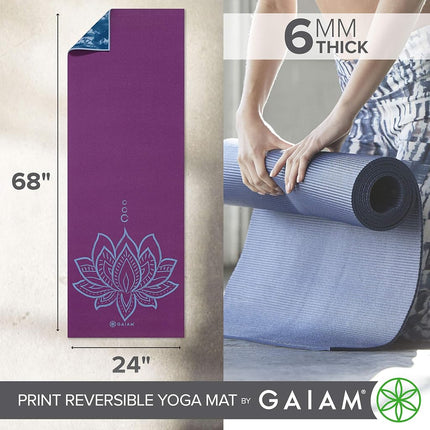 Gaiam Premium Print Reversible Yoga Mat, Purple Lotus, 6mm