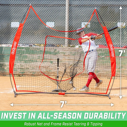 GoSports 7x7 ft Baseball & Softball Batting & Pitching Net with Strike Zone – Available in Team Colors - Red