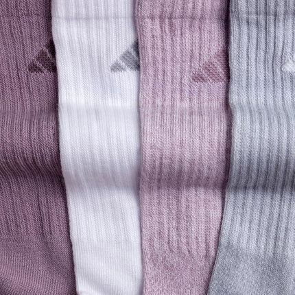 adidas Women's Athletic Cushioned Crew Socks (6-Pair) with arch compression, Preloved Fig Purple/Clear Onix Grey/White, M