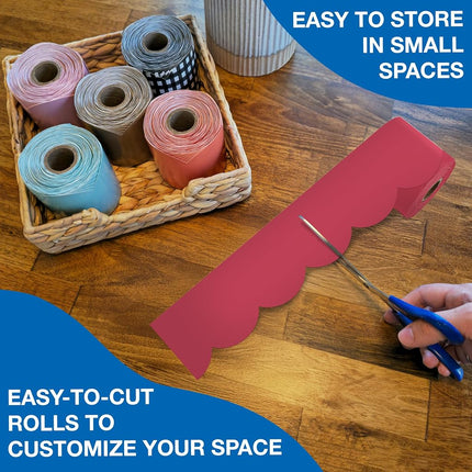 Carson Dellosa 65Ft of Berry Red Bulletin Board Borders, 1 Roll of Scalloped Trim for Rolling Whiteboard, Cork and Posterboard, Party, Christmas Decorations, and Classroom Decor