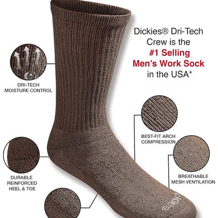 Dickies Men's Dri-tech Moisture Control Crew Socks Multipack, Essential Worker Brown (6 Pairs), Shoe Size: 12-15