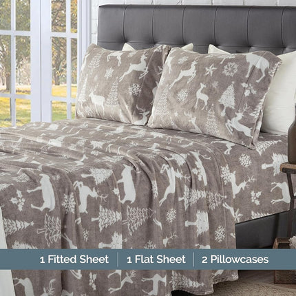 Elegant Comfort Luxuriously Soft 4-Piece Holiday Velvet Plush Flannel Sheet Set - Premium Quality - Cozy Warm, Christmas Fuzzy Velvet Flannel Fleece Deep Pocket Sheet Set - Twin XL, Silver Reindeer