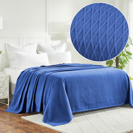Superior Diamond Weave Blanket, 100% Cotton Cover for Home, Couch, Bed, Soft, Warm Blankets, Boho Aesthetic, Comfy, Cozy, and Cute Covers, Decorative Bedding Essentials, California King, Merritt Blue
