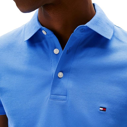 Tommy Hilfiger Men's Short Sleeve Polo Shirts in Slim Fit with Stretch and Organic Pique Cotton, Blue Spell, XS