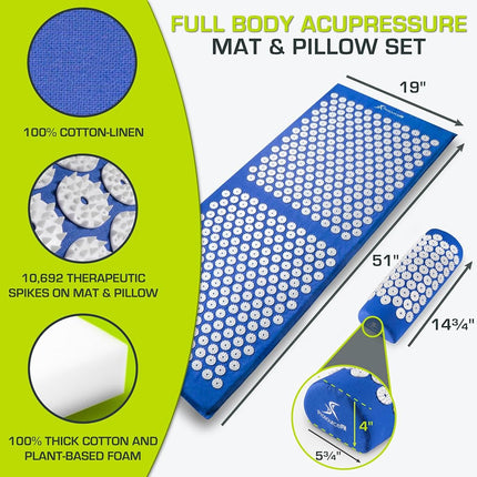 ProsourceFit Acupressure Mat and Pillow Set for Back/Neck Pain Relief and Muscle Relaxation, XL - Blue/White