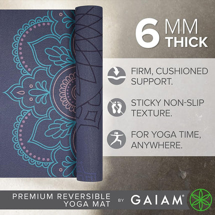 Gaiam Yoga Mat Premium Print Reversible Extra Thick Non-Slip Exercise Fitness Mat for All Types of Yoga, Pilates and Floor Training, Purple Illusion 6mm