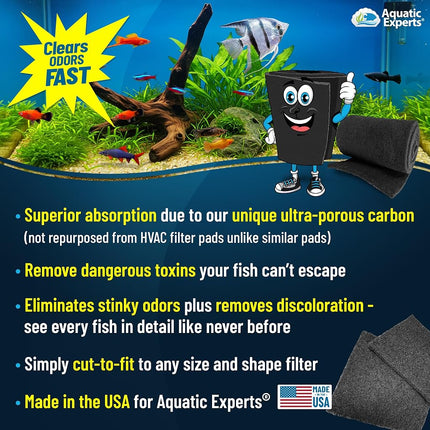 Aquarium Carbon Pad – Cut‑to‑Fit Carbon Infused Filter Pad Media for Crystal Clear Fish Tanks and Ponds, 3/8"–1/2" Thick (18 Inch Width, 72 Inch Long)