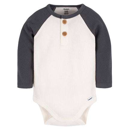 Gerber Baby Boys' 2-Pack Long Sleeve Henley Onesies, Blue and Ivory, 0-3 Months