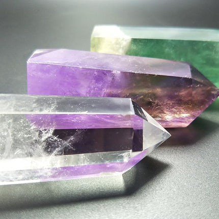 Set of 3 Healing Crystal Wands of 3 Stones: Clear Quartz, Fluorite, Amethyst Pointed & Faceted Prism Bars for Reiki Chakra Meditation Therapy Decor