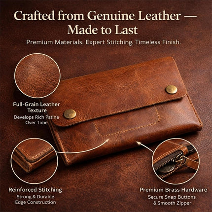 TheAntiq Leather Currency Pouch Wallet, Full Grain Money Organizer with Zipper Coin Pocket & Mobile Holder, Slim Travel Cash Envelope for Men & Women – Tan 8x4